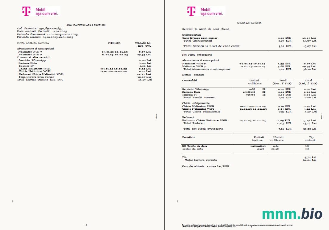 Rumunia T-Mobile rachunek za media szablon w formacie Word i PDF, 4 strony, 3-4 stron